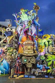 Images Dated 23rd March 2022: Night view of giant sculptures during the Annual Fallas Festival, Valencia, Spain