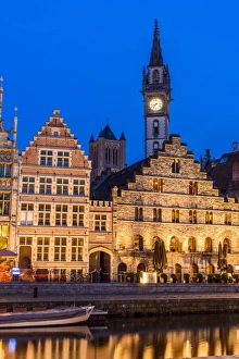 Gent Prints: Night view of Graslei quay with Post Plaza tower, Ghent, East Flanders, Belgium