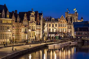 Gent Prints: Night view of guild houses along Korenlei quay, Ghent, East Flanders, Belgium