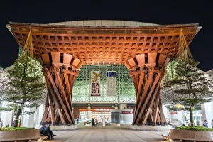 Images Dated 29th April 2016: Night view of huge wooden gate marking the entrance to Kanazawa JR Station Building