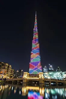 Night view of LED light show on Burj Khalifa, Dubai, United Arab Emirates