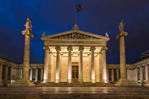 Athina Prints: Night view of the main building of the Academy of Athens, Athens, Attica, Greece
