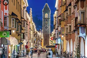 Townscape Prints: Night view of the main street and Zwolferturm medieval tower decorated with Christmas lights