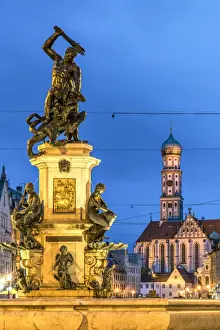 City Center Prints: Night view of Maximilianstrasse with St Ulrich church in the background, Augsburg