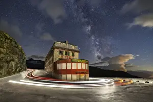 Belvedere Prints: Night view with milkyway of Hotel Belvedere and Furkapass during summer, Oberalp, Valais