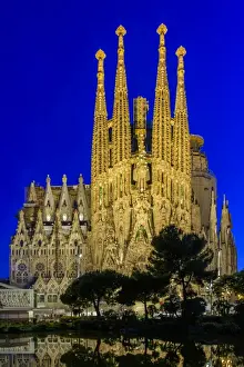 Night view of the Nativity facade of Sagrada Familia basilica church, Barcelona, Catalonia