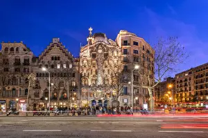 District Prints: Night view of Passeig de Gracia avenue with Casa Batllo and Casa Amatller, Barcelona