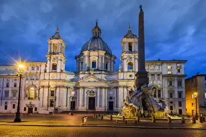 Night view of Piazza Navona with Church of Sant Agnese in Agone and Fountain
