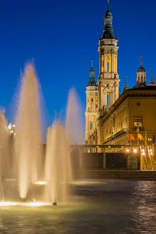 Zaragoza Prints: Night view of Plaza del Pilar square with Basilica de Nuestra Senora del Pilar, Zaragoza