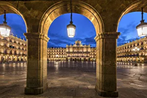 Night view of Plaza Mayor, Salamanca, Castile and Leon, Spain