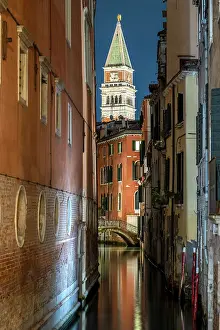 St Marks Prints: Night view of Rio San Salvador water canal with St Mark's Campanile in the background