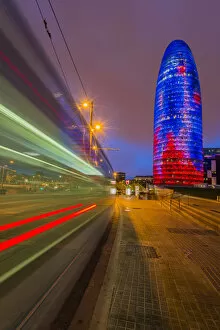 Blur Gallery: Night view of Torre Agbar skyscraper designed by French architect Jean Nouvel, Barcelona