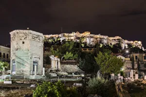 Athina Prints: Night view of Tower of the Winds with Acropolis behind, Athens, Attica, Greece