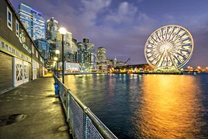 Ferris Wheel Prints: Night view of waterfront and ferris wheel, Seattle, Washington, USA