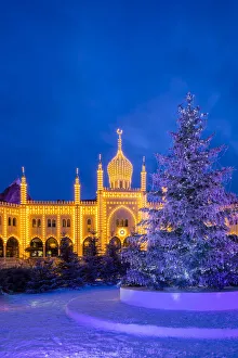 Xmas Markets Prints: Nimb Hotel in the Tivoli Gardens at Christmas, Copenhagen, Denmark