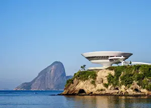 State Of Rio De Janeiro Prints: Niteroi Contemporary Art Museum MAC with Sugarloaf Mountain in the background, Niteroi