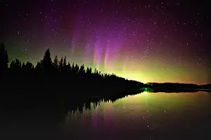 Night Sky Prints: Norhern lights (Aurora borealis) reflected in Lac Sauvage Chibougameau, Quebec, Canada