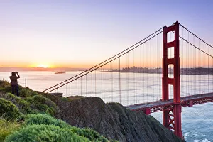 North America, USA, America, California, San Francisco, man taking a picture at sunrise