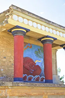 North Entrance With A Charging Bull And Olive Tree Fresco, The Minoan Palace Of Knossos