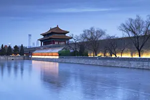 Citic Tower Prints: North Gate and moat of Forbidden City at dusk with CITIC Tower in background, Beijing