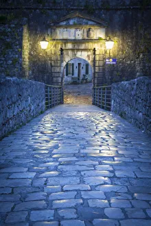 The Northern Gate illuminated at dusk, Stari Grad (Old Town), Kotor, Montenegro