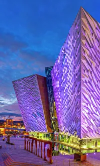 Northern Ireland, County Antrim, Belfast, Titanic buiding illuminated at night