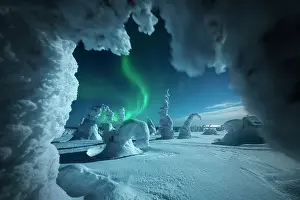 Aurora Boreale Prints: Northern lights (aurora borealis) during a full moon night from the top of the Riisitunturi National Park