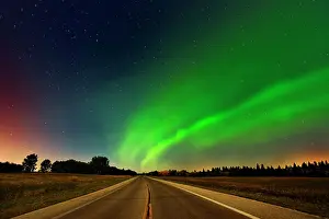 Aurora Borealis Prints: Northern lights or aurora borealis and road Birds Hill Provincial Park, Manitoba, Canada