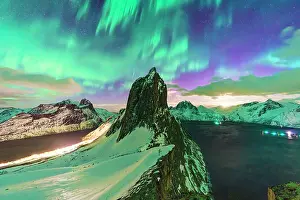 Aurora Borealis Prints: Northern Lights over Fjordgard and Mefjorden and the snowy Segla mountain