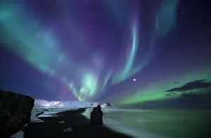 Aurora Boreale Prints: Northern lights over Reynisfjara beach in winter, Sudurland, Iceland