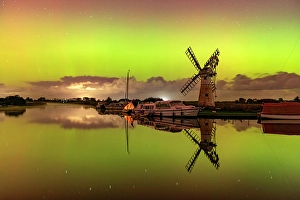 Skies Prints: Northern Lights over Thurne Mill, Thurne, Norfolk Broads National Park, Norfolk, England