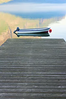 Norway, Western Fjords, Aurland Fjord, Boat at end of jetty