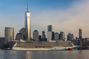 Financial Center Prints: Norwegian Cruise Line ship passing through Hudson River with Lower Manhattan financial