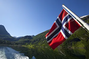 Nautical Theme Prints: Norwegian National Flag on ferry stern, Geiranger Fjord, More og Romsdal, Norway