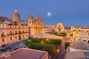 Noto, Sicily. Elevated view of the baroque Cathedral by night