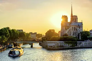 River Seine Prints: Notre Dame Cathedral and Seine River at Sunset, Paris, France