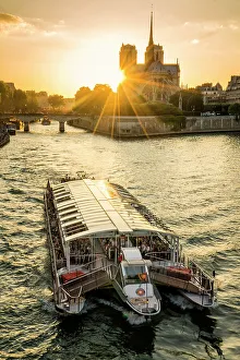 Paris Prints: Notre Dame Cathedral at sunset and Seine River, Paris, France