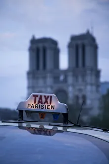 Notre Dame Prints: Notre Dame Cathedral & Taxi, Paris, France