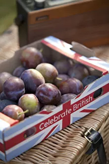 Nottinghamshire, UK. Box of British fruit at a late summer family picnic. (MR)