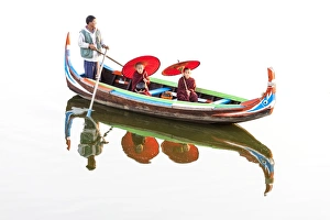 Burmese Prints: Novice Buddhist monks on the Taungthaman Lake, Mandalay, Myanmar