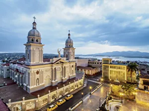 Santiago De Cuba Prints: Nuestra Senora de la Asuncion Cathedral at dusk, elevated view, Parque Cespedes