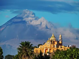 Virgin Prints: Nuestra Senora de los Remedios Church on top of the Great Pyramid with Popocatepetl Volcano in the background