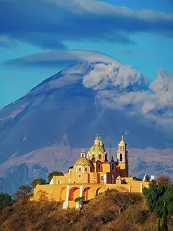 Virgin Prints: Nuestra Senora de los Remedios Church on top of the Great Pyramid with Popocatepetl Volcano in the background