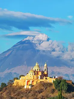 Virgin Prints: Nuestra Senora de los Remedios Church on top of the Great Pyramid with Popocatepetl Volcano in the background
