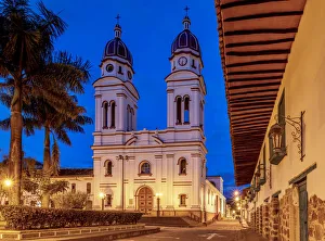 Santander Prints: Nuestra Senora de Mongui Church at dusk, Charala, Santander Department, Colombia