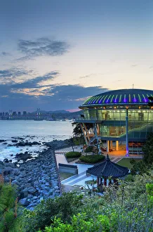 Busan Prints: Nurimaru APEC House and Gwangan Bridge at dusk, Busan, South Korea
