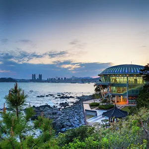 Busan Prints: Nurimaru APEC House and Gwangan Bridge at dusk, Busan, South Korea