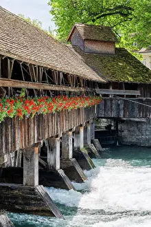 Thun Prints: Obere Schleuse wooden bridge, Thun, Canton of Bern, Switzerland