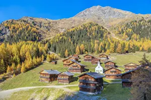 Chalet Prints: Oberstaller alm, alpine pasture with wooden huts and the Schutzengelkapelle in the middle