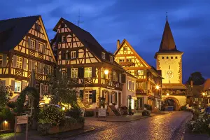 Oberturm Tower in Gengenbachs picturesque Altstad (Old Town) illuminated at dusk